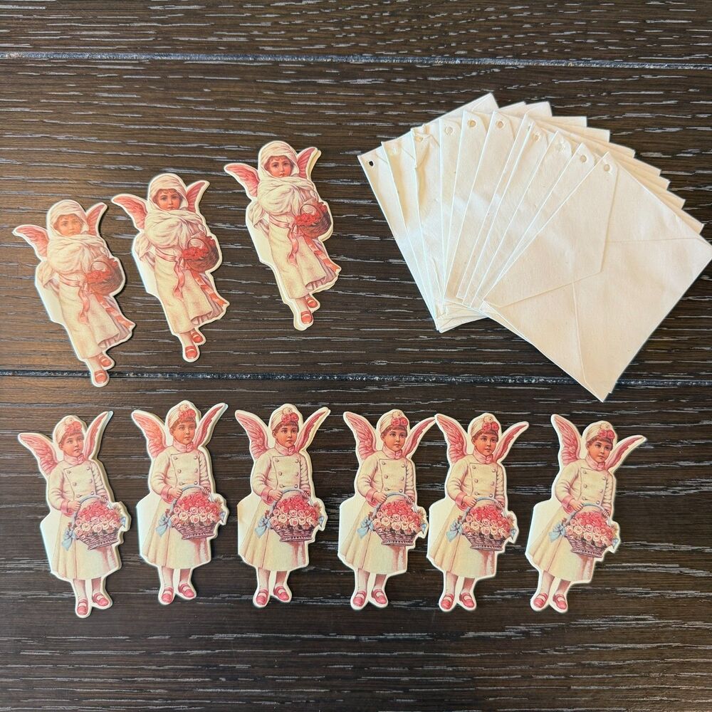 Vintage Merrimack Publishing Angel Girls with Basket Gift Tags w/ Envelopes (9)